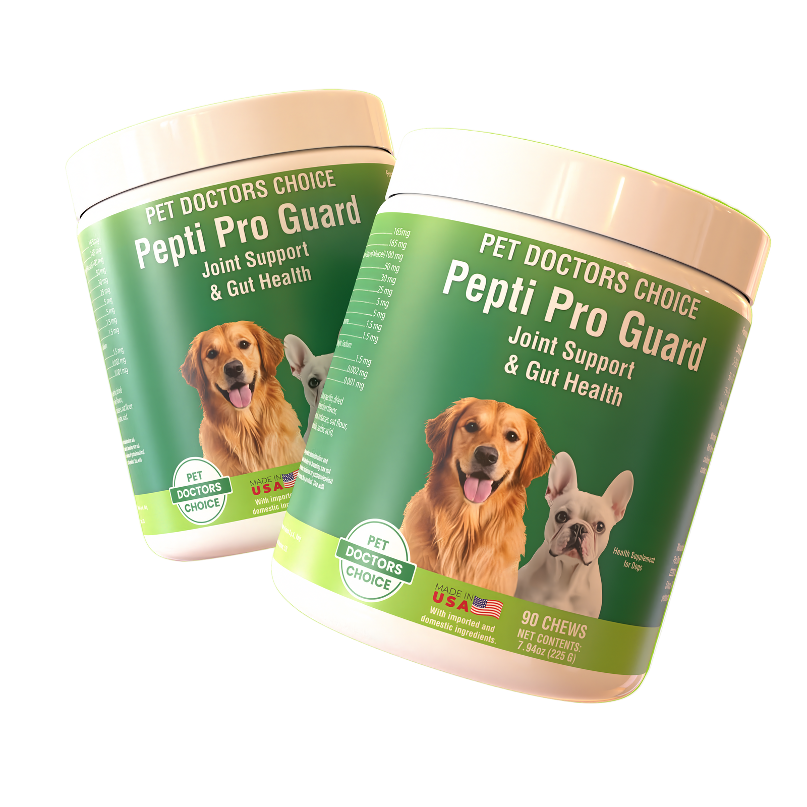 Two containers of Pet Doctors Choice Pepti Pro Guard on a green background