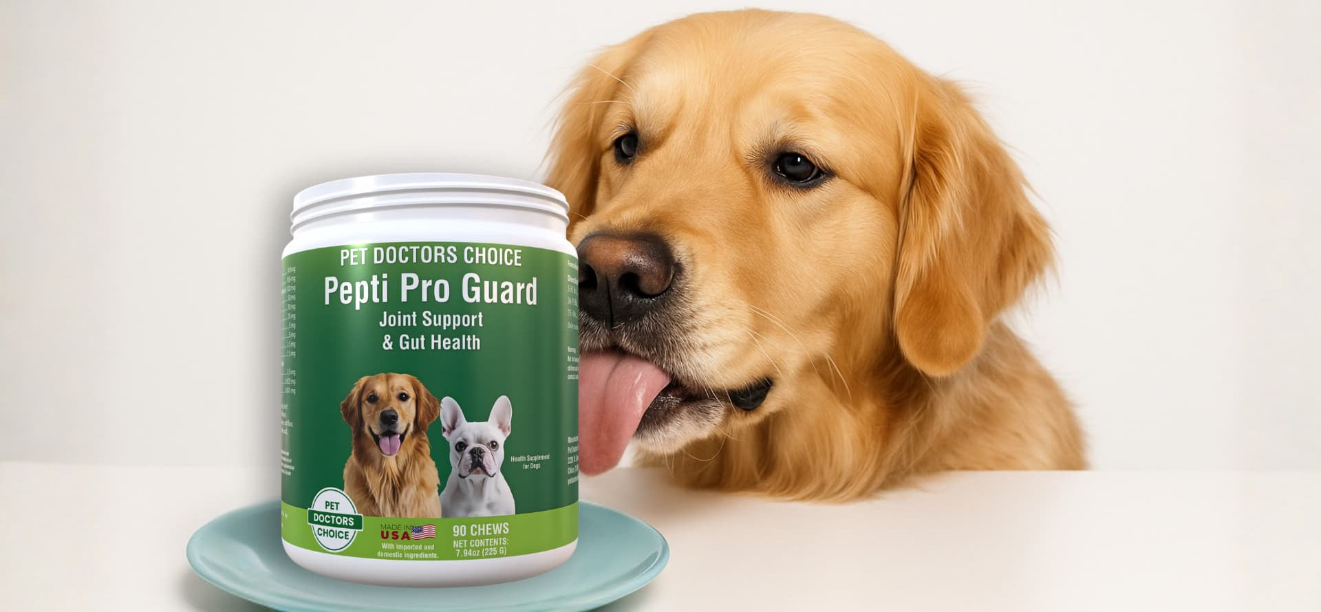 Dog with a supplement container labeled 'Pepti Pro Guard' on a white background